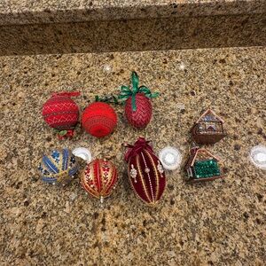 Vintage Christmas Ornaments Lot 8 Smocked Beaded Sequins Handmade Kitschy Cute